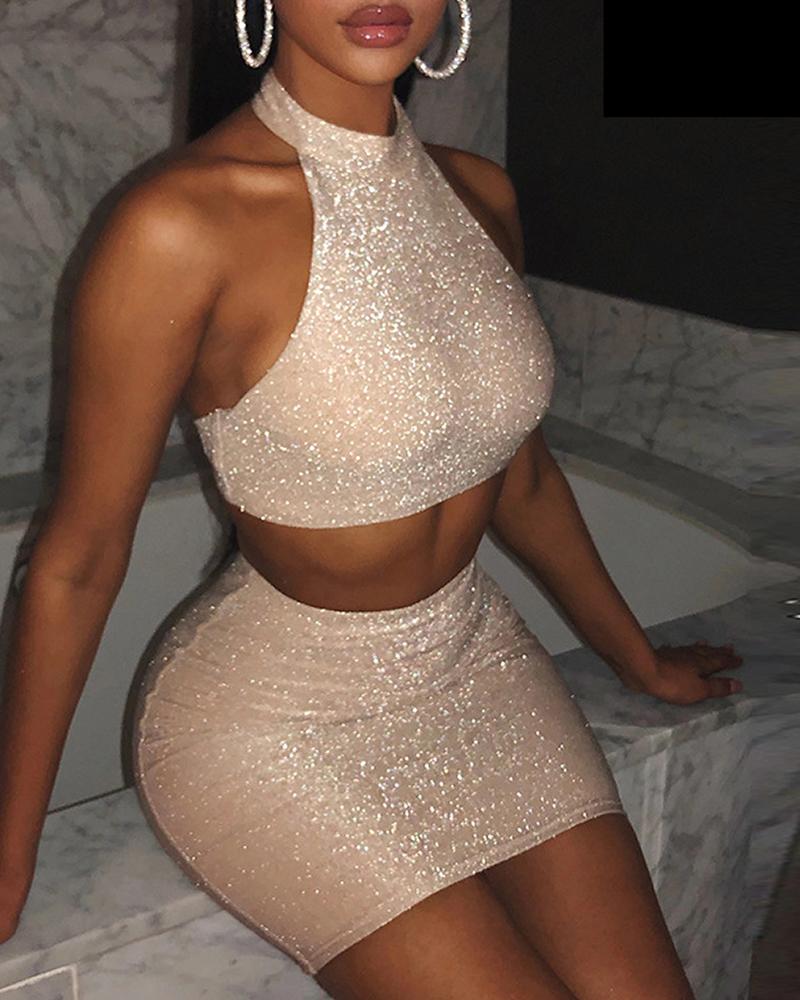 

Halter Top & Mini Bodycon Skirt Set, Khaki