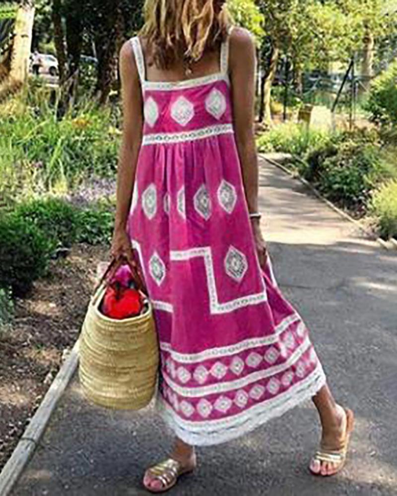 

Geometry Print Colorblock Square Neck Maxi Women Dress, Hot pink