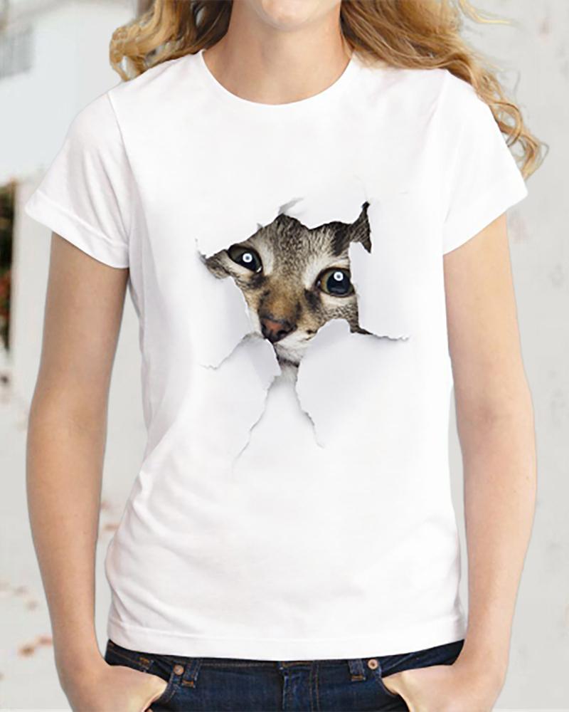 

Cat Print Short Sleeve T-Shirt, Style6