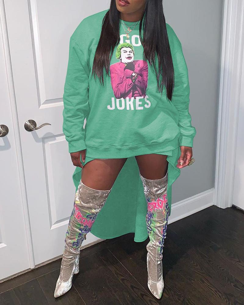 

Letter Graphic Print Dip Hem Sweatshirt Dress, Light green