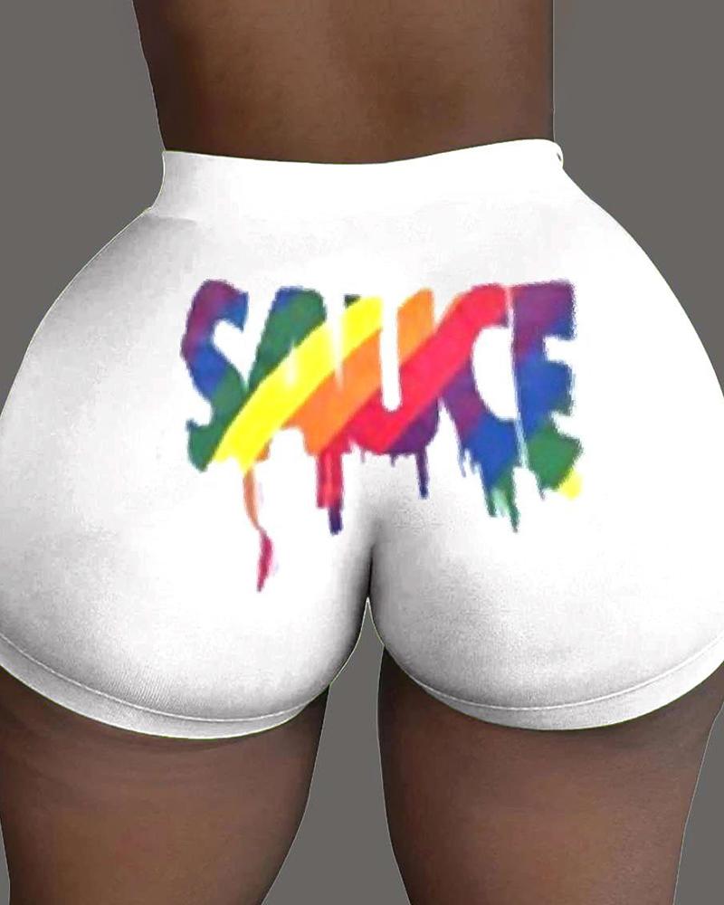 

Digital Print High Waist Sporty Shorts, White