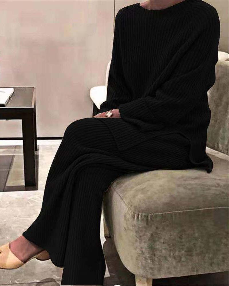 

Plain Ribbed Long Sleeve Top & Pants Set, Black