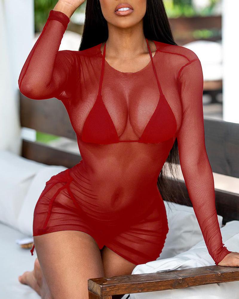 

Ruched Sheer Mesh Bodycon Dress, Red
