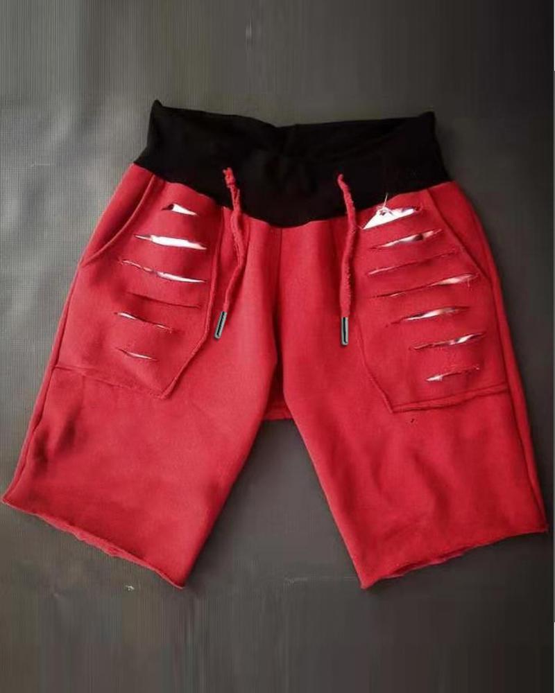 

Solid Loose Ripped Pockets Basketball Shorts, Red