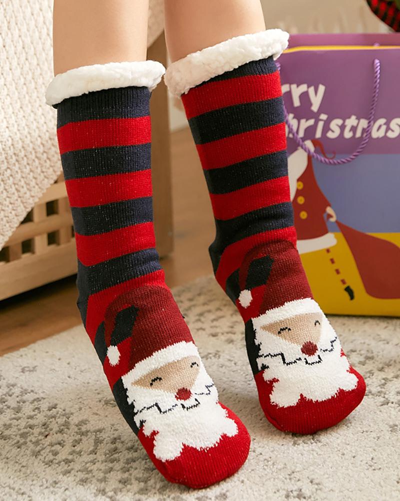 

1Pairs Christmas Pattern Fluffy Socks, Dark blue&red