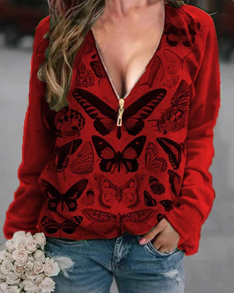 

Butterfly Print Zipper Front Long Sleeve Top, Red