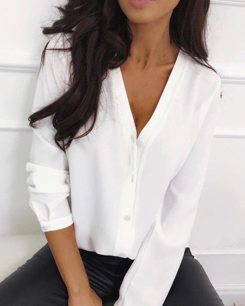 

V Neck Chiffon Button Up Blouse, White