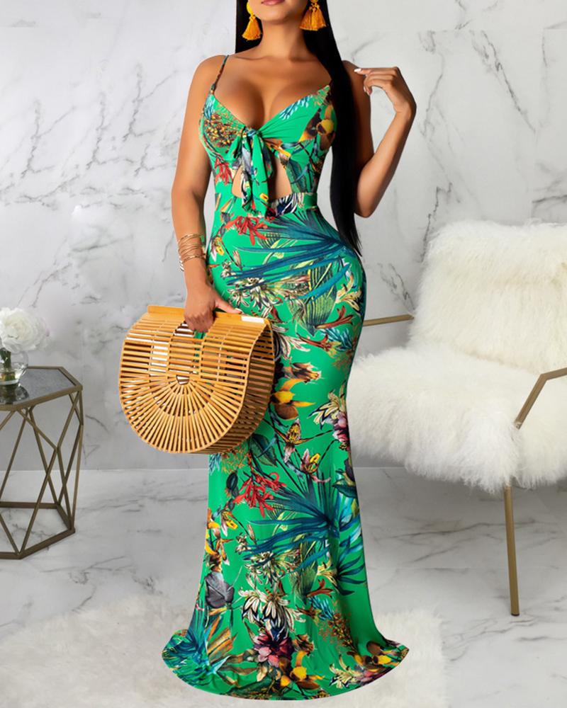 

Tropical Print Tie Front Cutout Dress, Green