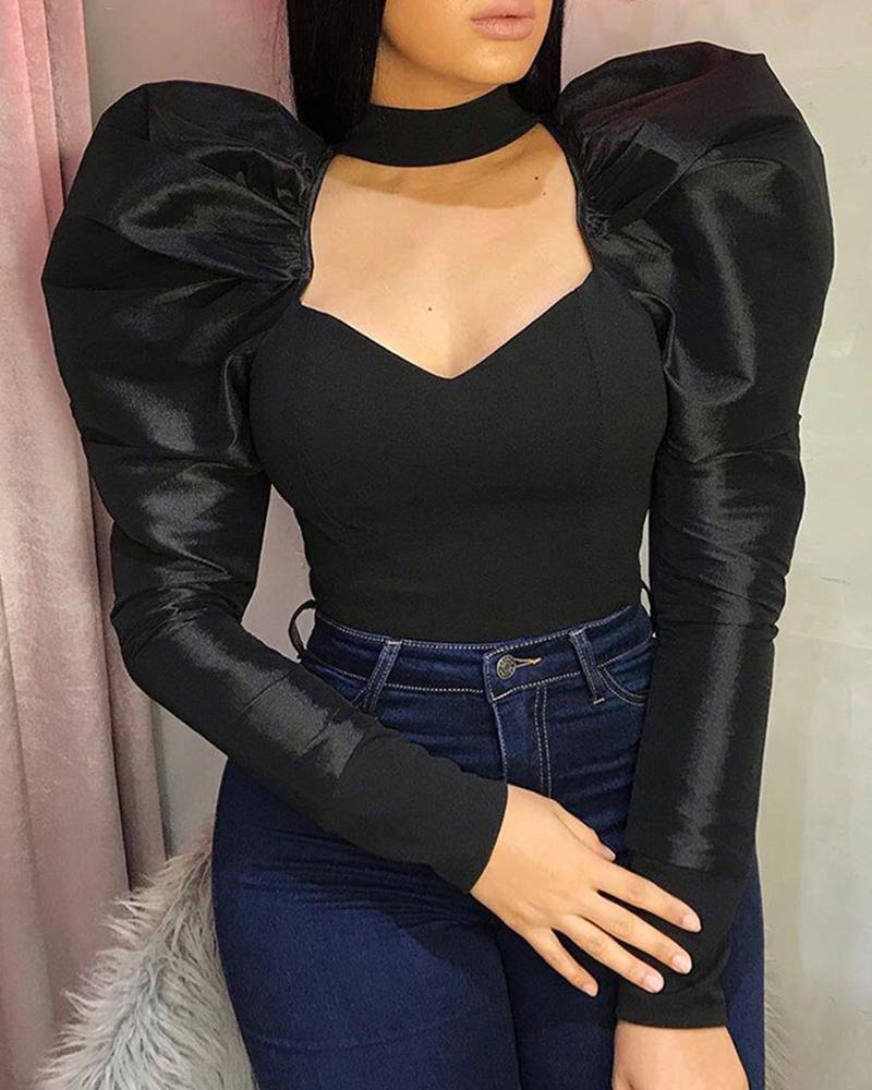 Solid Puffed Sleeve Cut Out Chest Blouse