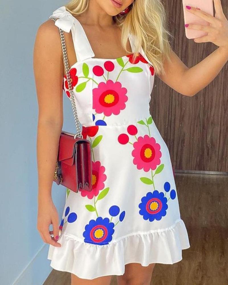

Floral Print Ruffle Hem Sleeveless Dress, White
