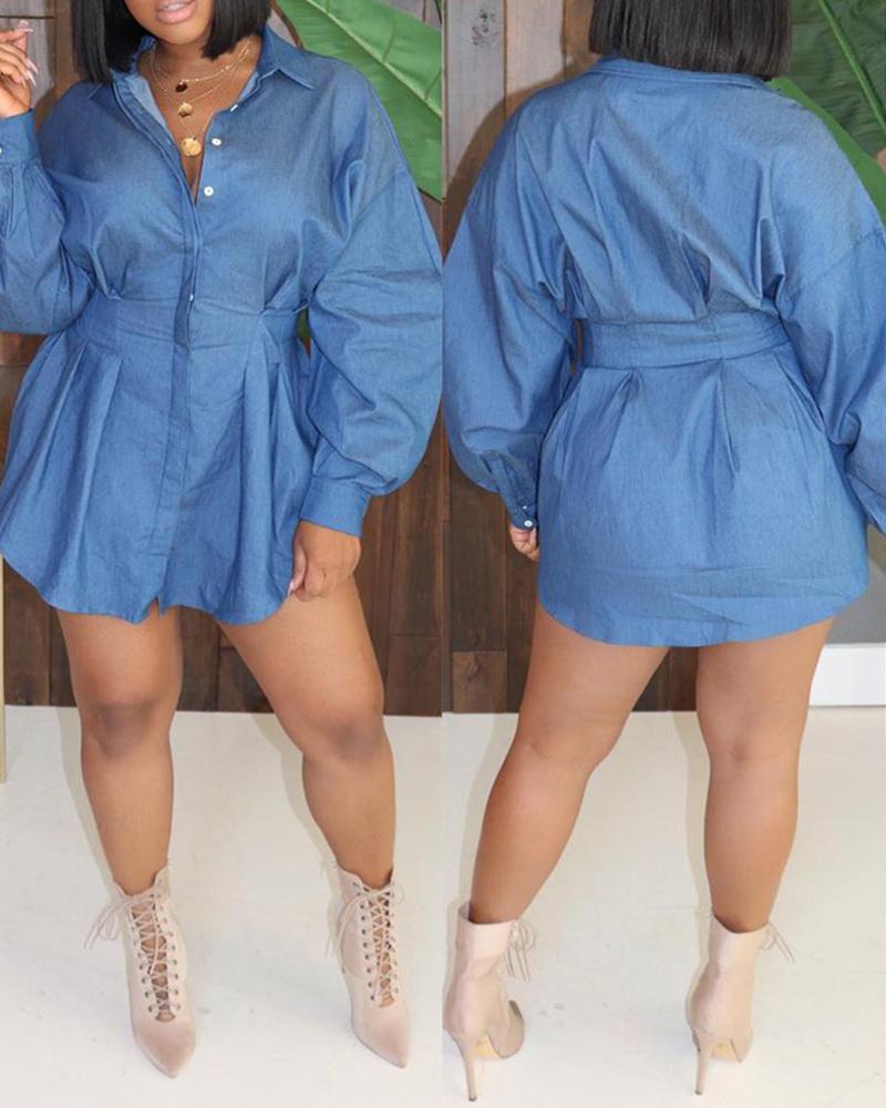 

Plain Denim Long Sleeve Shirt Dress, Blue