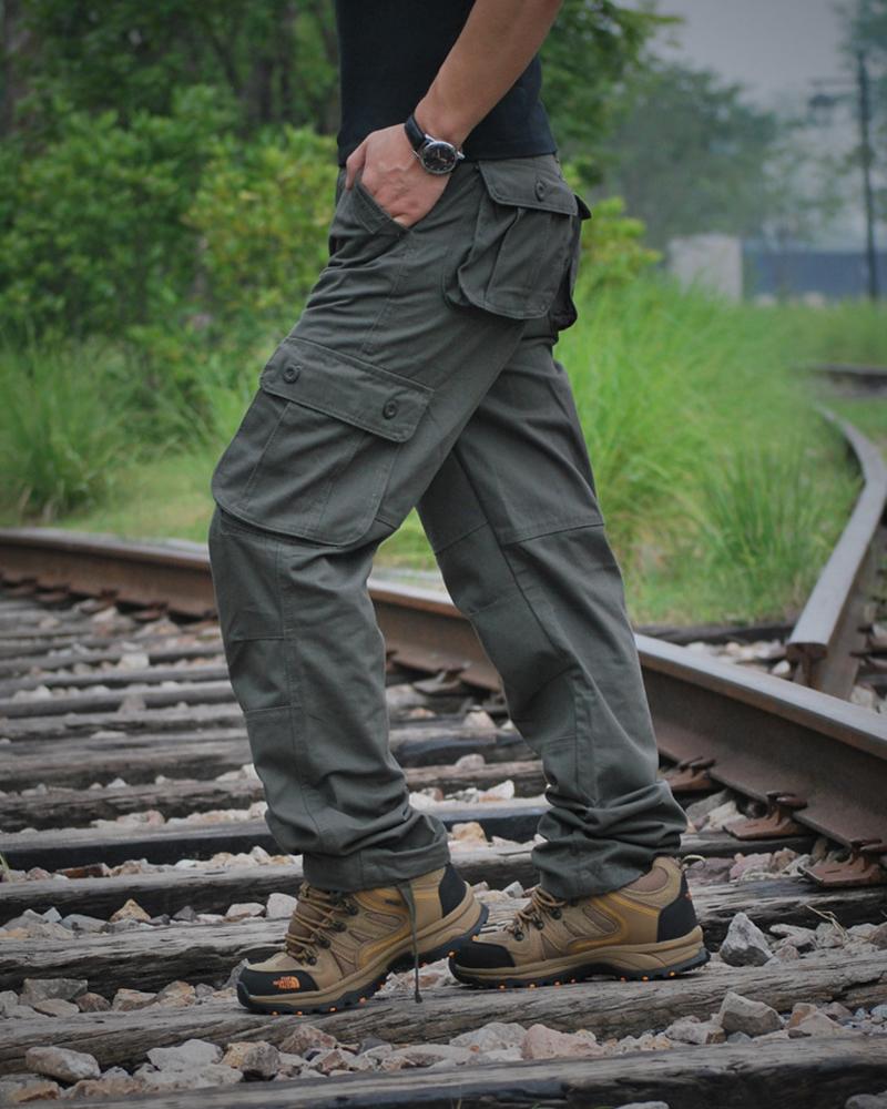 

Solid Color Straight Cargo Pants With Pockets, Army green