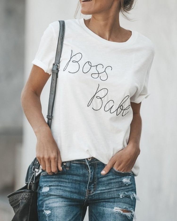 

Letter Print Short Sleeve T-Shirt, White