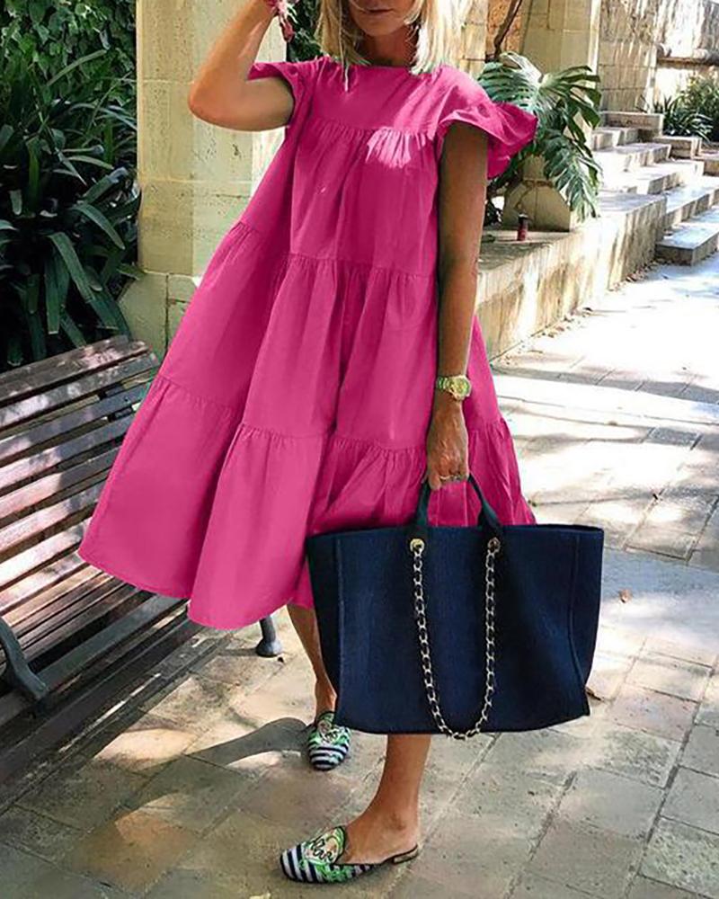 

Short Sleeve Ruffles Ruched Casual Dress, Hot pink