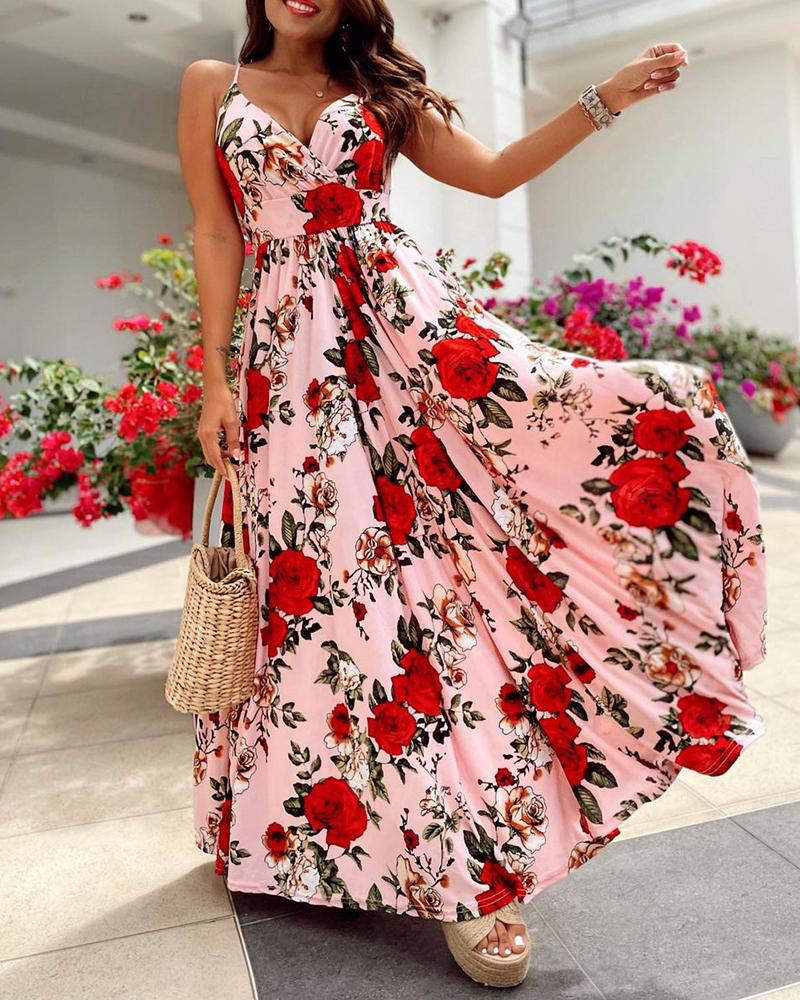

Floral Print Spaghetti Strap Maxi Dress, Red