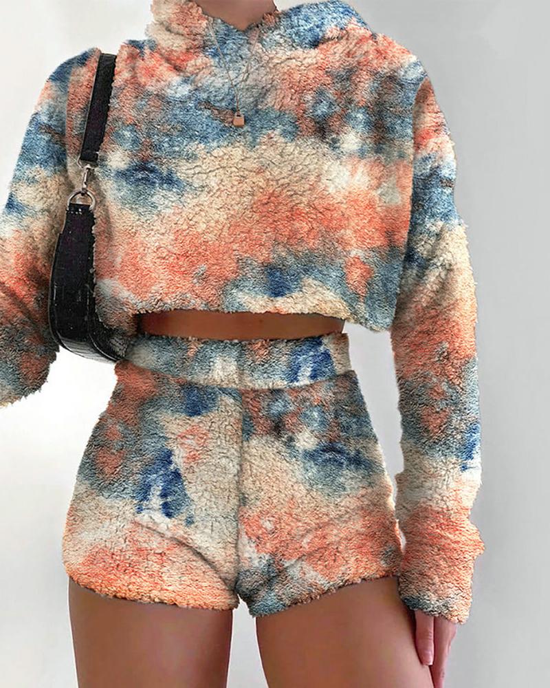 

Fluffy Cheetah Tie Dye Print Hooded Crop Top & Shorts Set, Orange