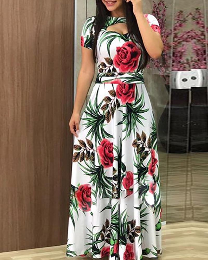 

Short Sleeve Cutout Print Maxi Dress, White