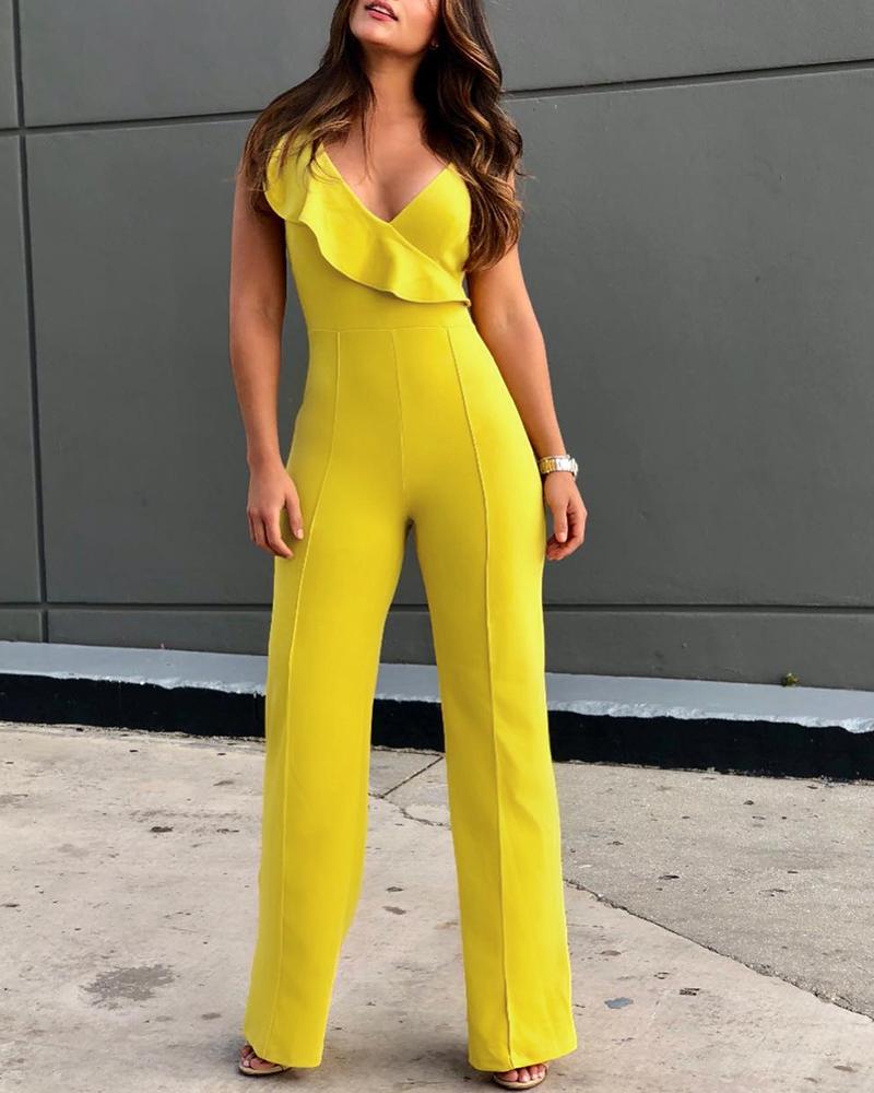 

Sleeveless V-Neck Ruffles Design Jumpsuit, Yellow