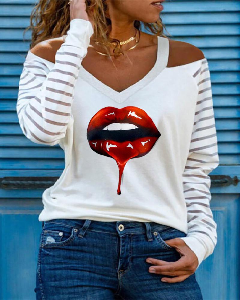 

3D Lips Print Long Sleeve Cold Shoulder T-shirts, White