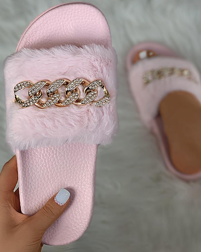 

Chain Strap Open Toe Sutdded Fluffy Slippers, Pink