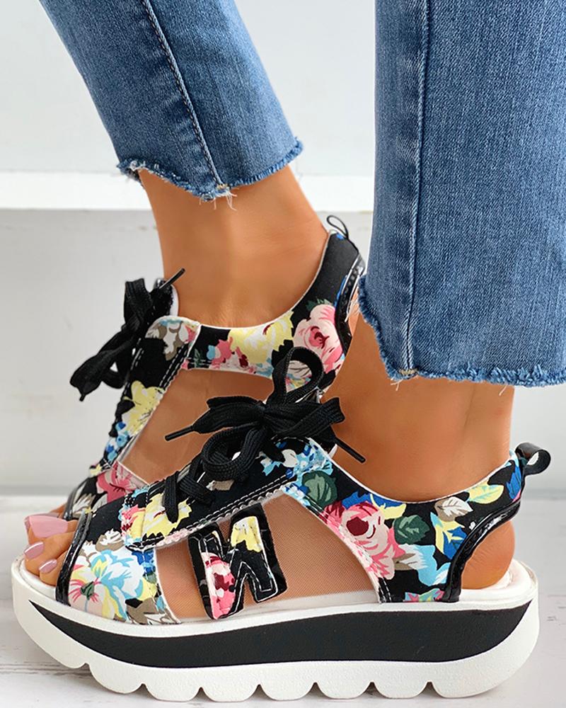 

Floral Print Sheer Mesh Slingback Platform Sandals, Black