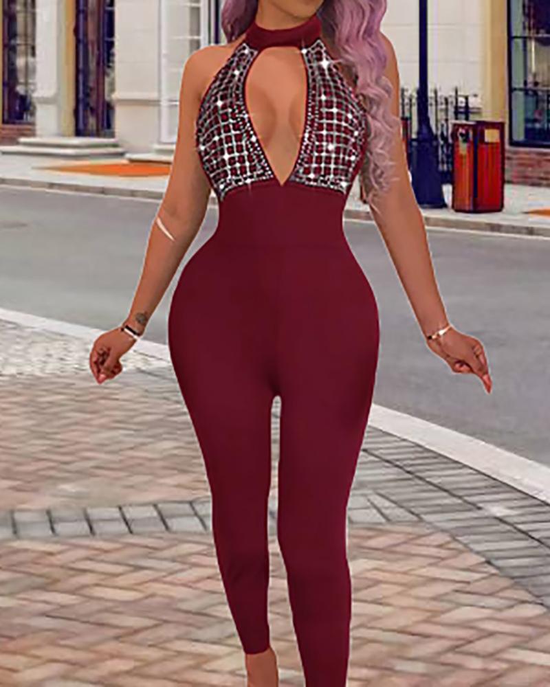 

Hot Stamping Halter Cutout Jumpsuits, Wine red