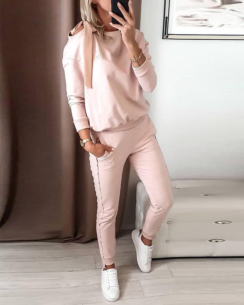 

Long Sleeve Cold Shoulder Top & Pants Set, Pink