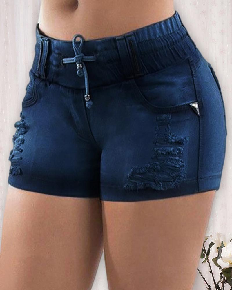 

High Waist Pocket Design Ripped Denim Shorts, Dark blue