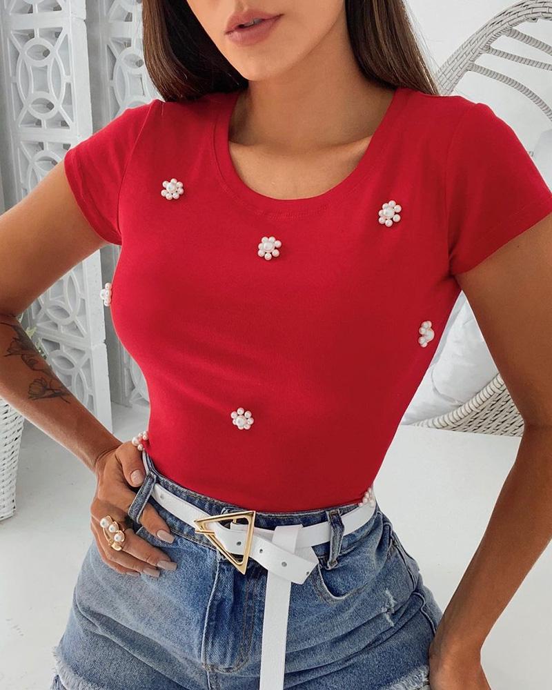 

Beaded Short Sleeve T-Shirt, Red