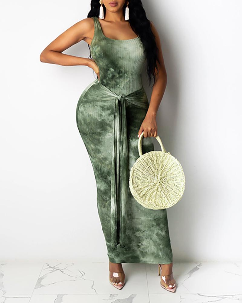 

Thin Strap Tie Dye Print Ribbed Knotted Maxi Dress, Green