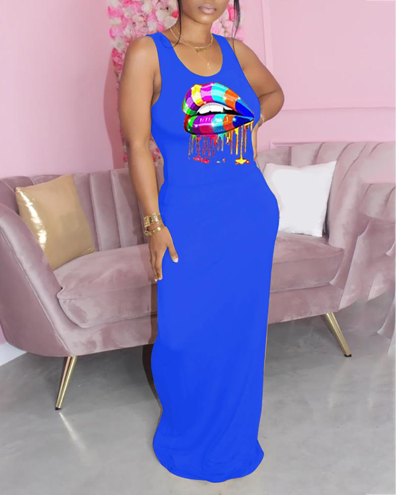 

Lip Print Sleeveless Casual Dress, Blue