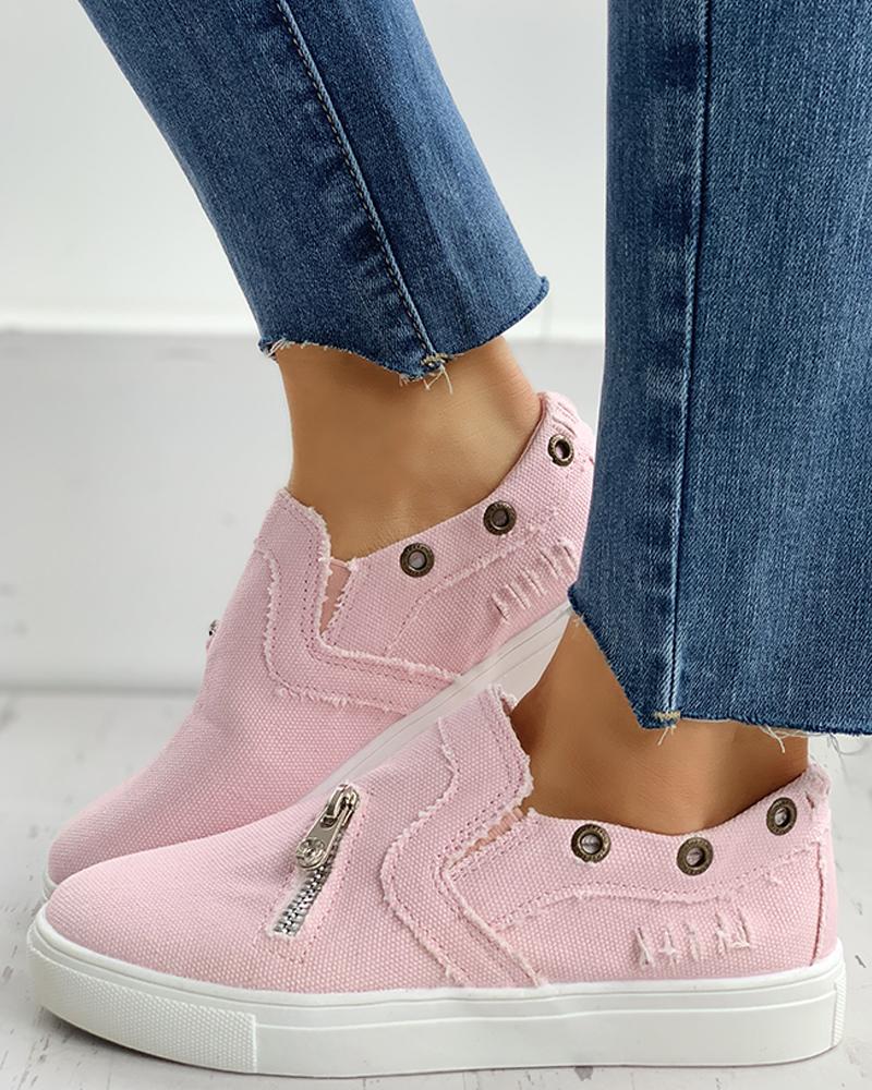 

Eyelet Zipper Design Slip On Sneakers, Pink