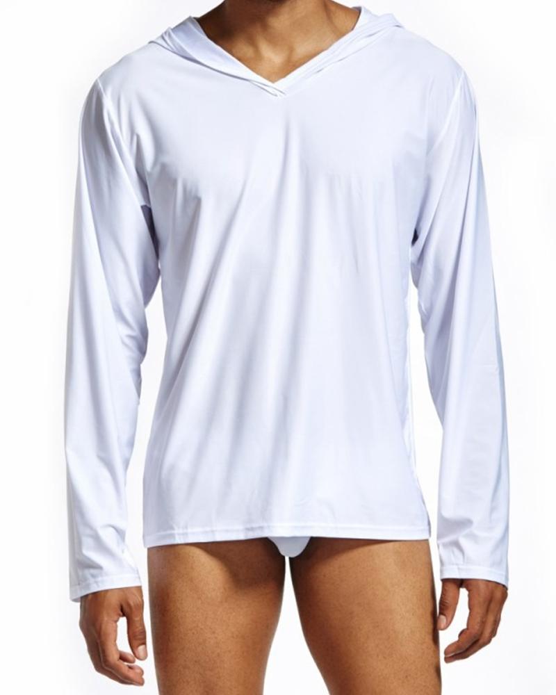 

Solid Color Long Sleeve Silk Hooded Blouse, White