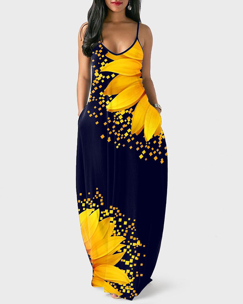 

Floral Print Spaghetti Strap Maxi Dress, Dark blue