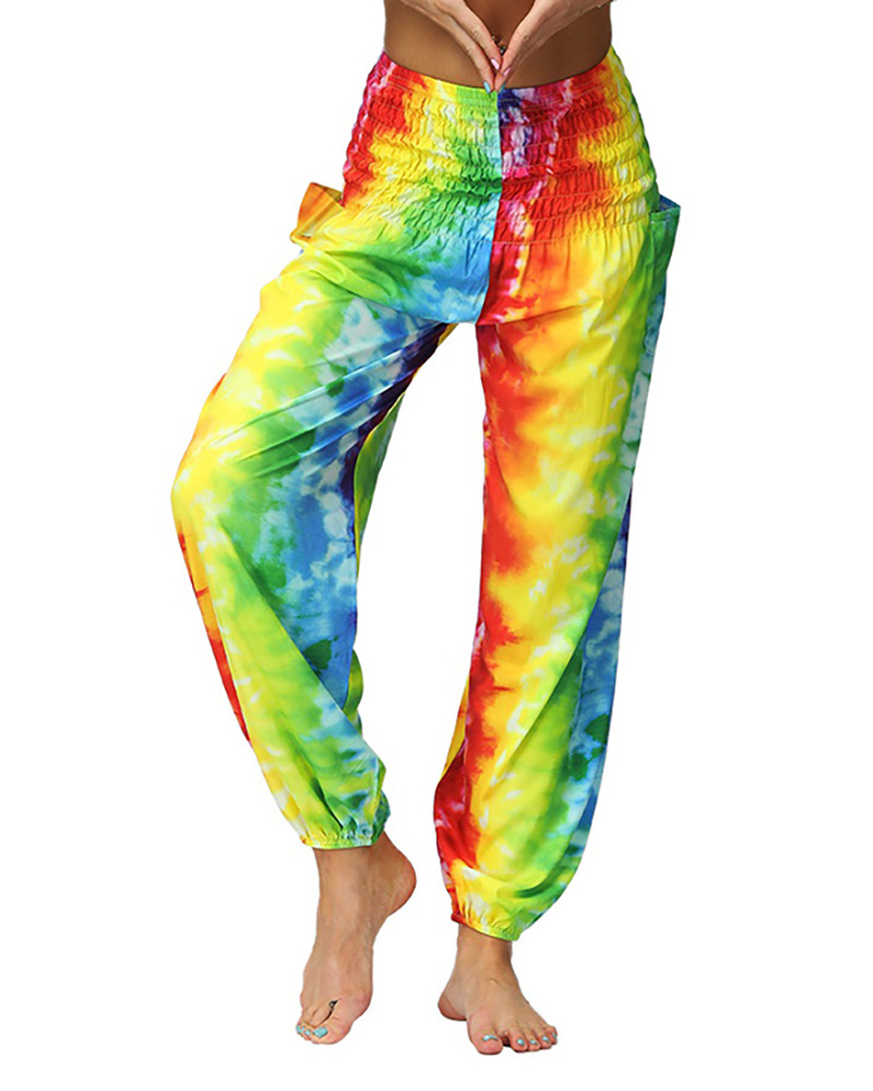 

Tie Dye Print Wide Leg High Waist Pockets Yoga Pants, Multicolor
