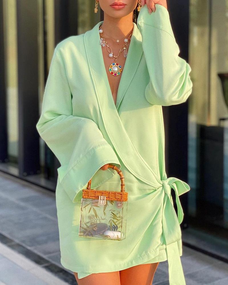 

Plain Knotted Design Blazer Dress, Light green