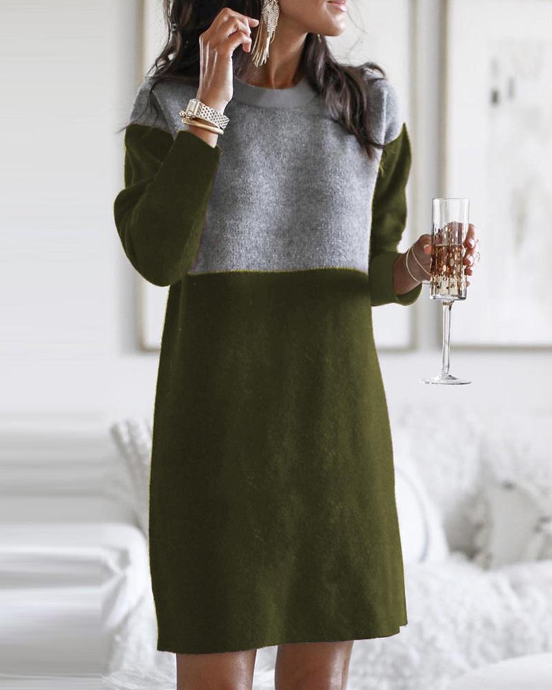 

Colorblock Long Sleeve Casual Midi Dress, Army green