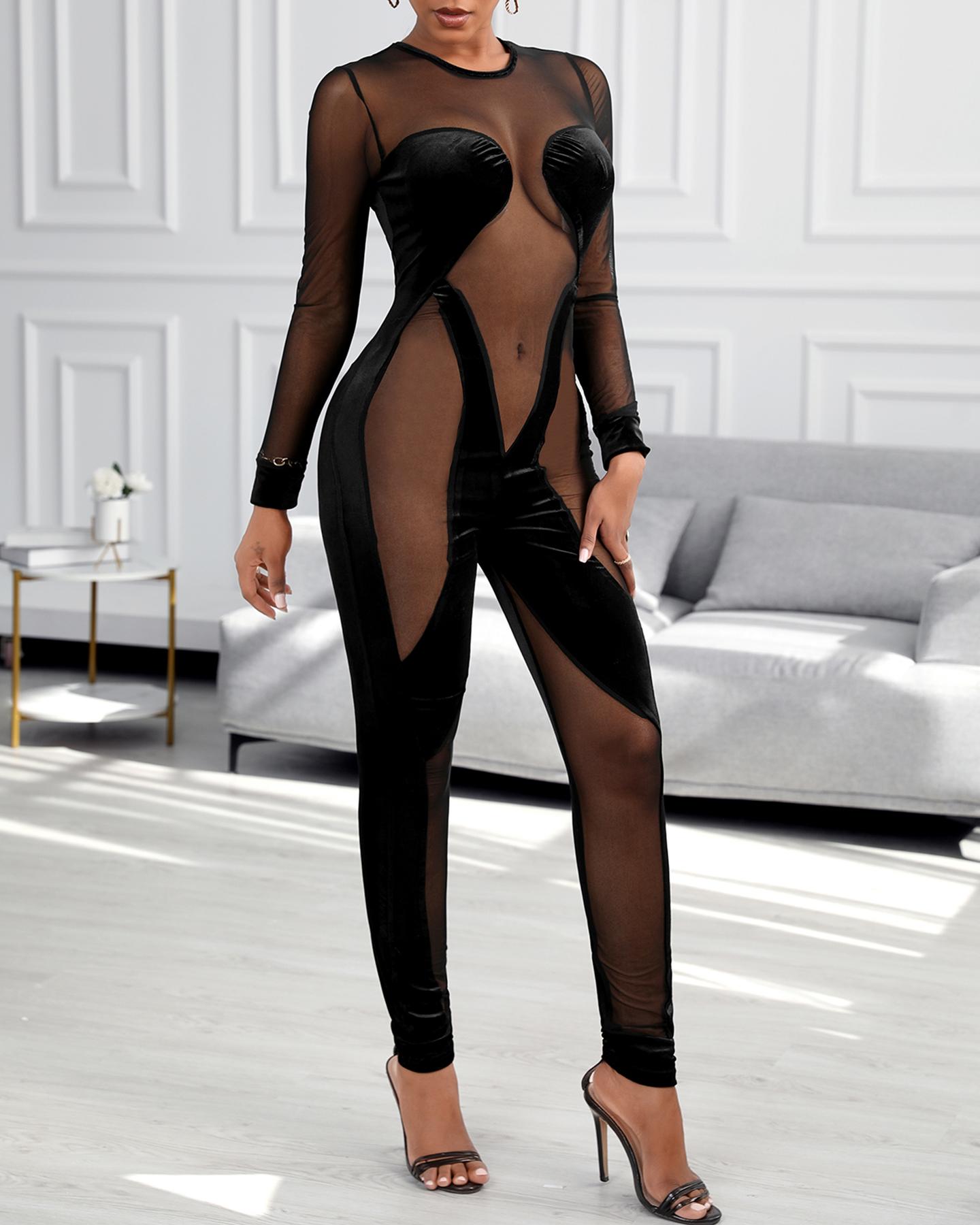

Velvet Sheer Mesh Jumpsuit, Black