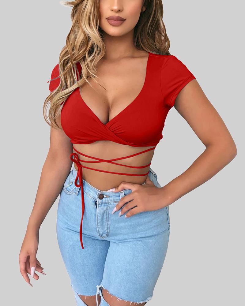 

Solid Short Sleeve Skinny Strappy T-shirts, Red