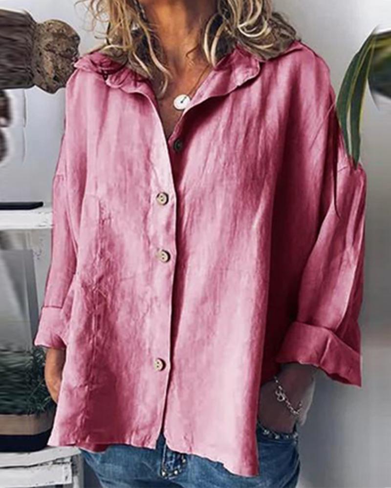 

Cotton and Linen Bat Sleeves Solid Color Casual Shirt, Pink