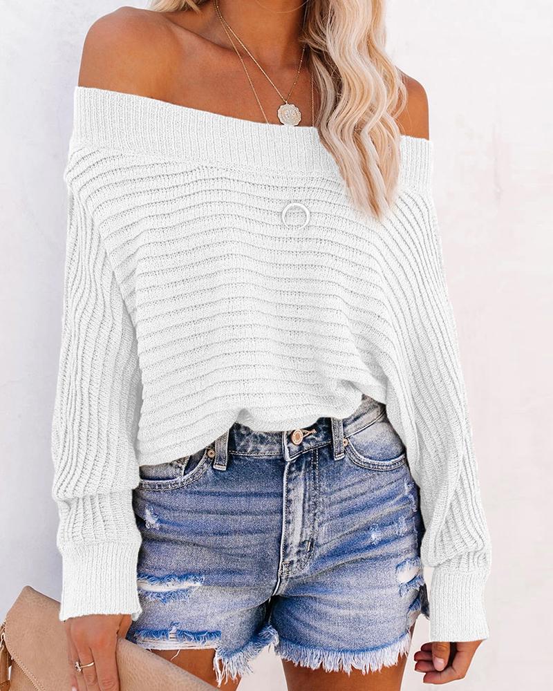 

Off Shoulder Knitted Long Sleeve Casual Sweater, White