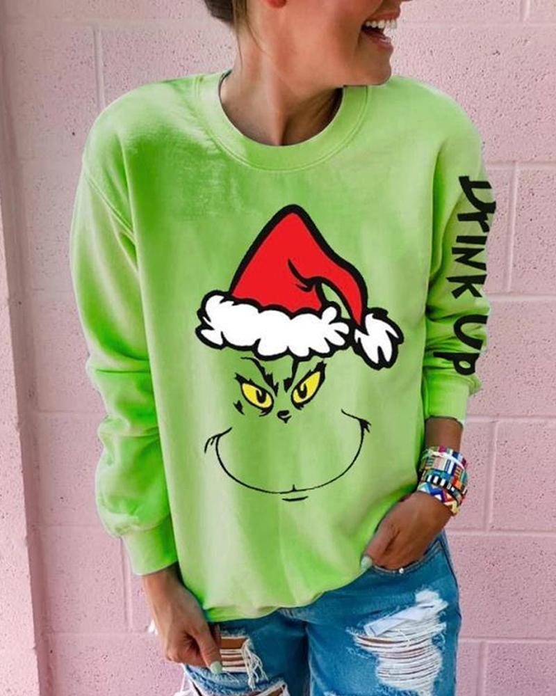 

Christmas Letter Print Long Sleeve Top, Green