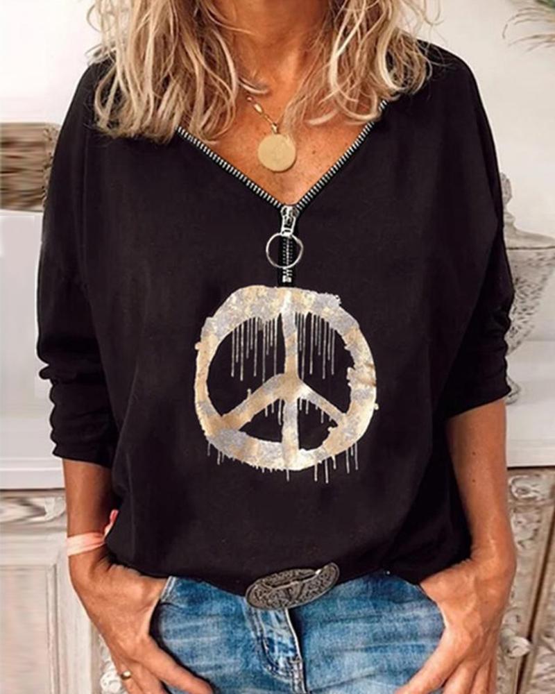 

Cartoon Print Long Sleeve Splicing Zipper Blouse, Black