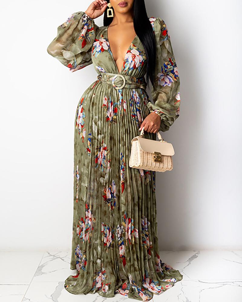 

Floral Print Puff Sleeve Ruched Maxi Dress, Green