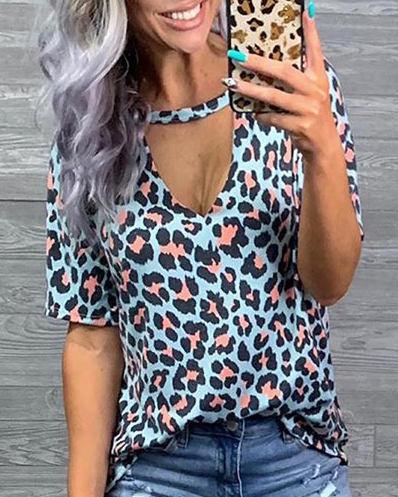 

Leopard Camouflage Print Short Sleeve Casual T-shirt, Blue