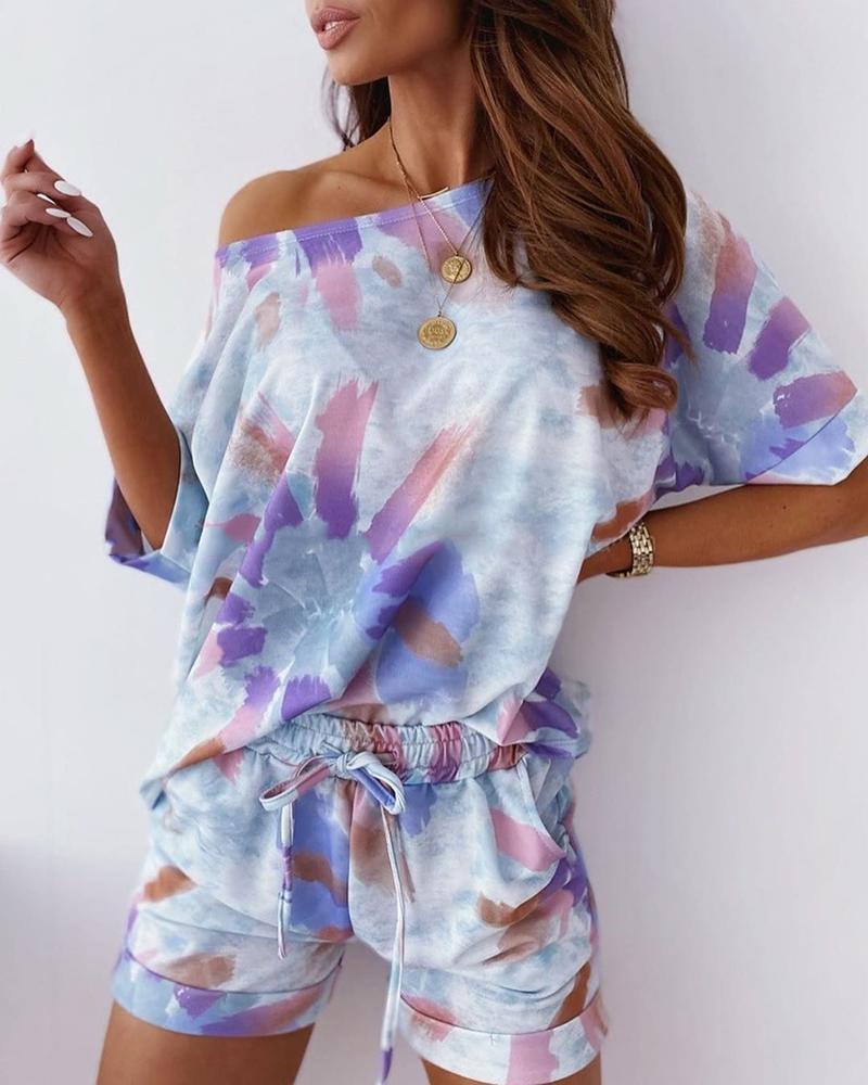 

Floral Pattern Print Colorblock Top & Drawstring Shorts Set, Blue