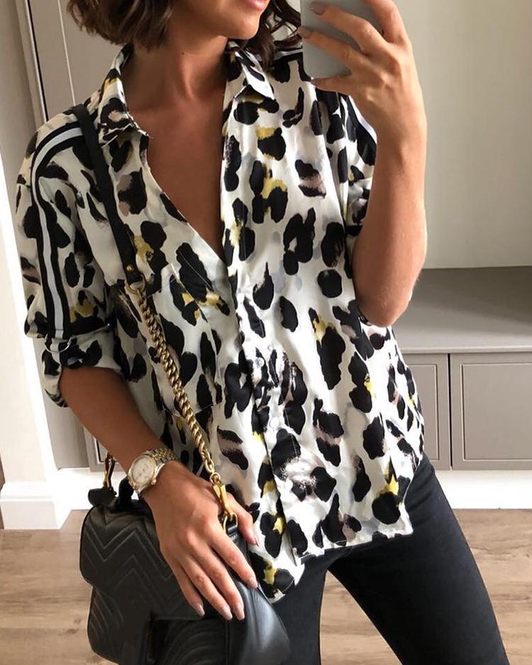 

Leopard Print Striped Tape Splicing Casual Shirt, White