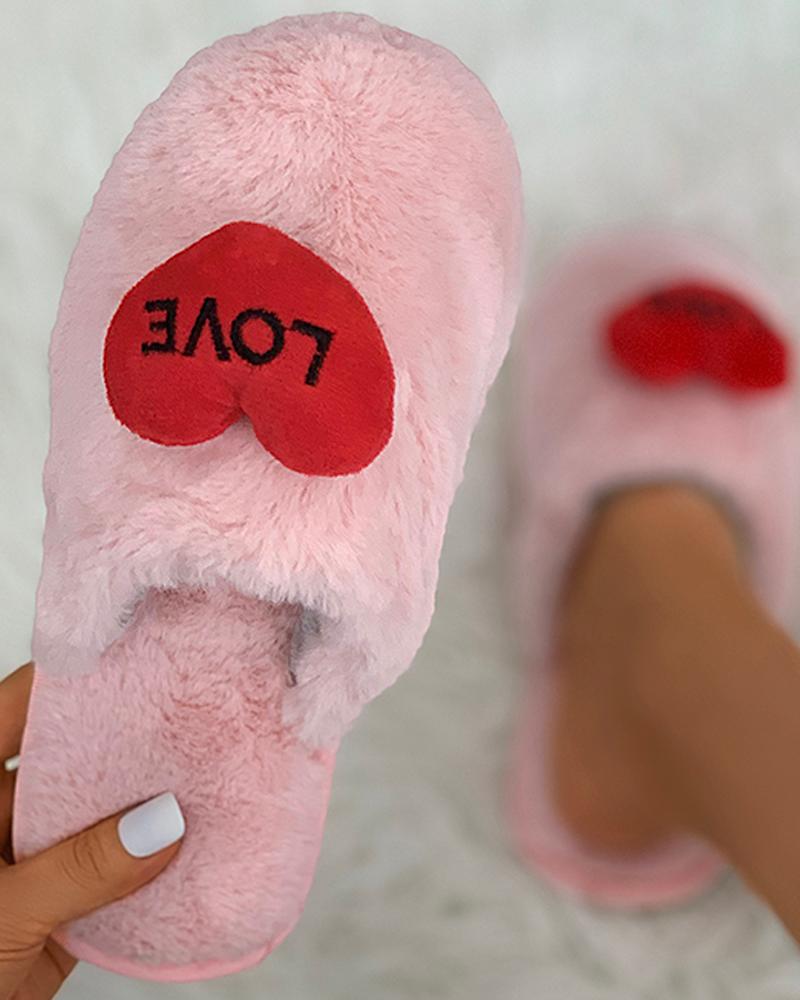 

Heart Letter Pattern Fluffy Slippers, Pink