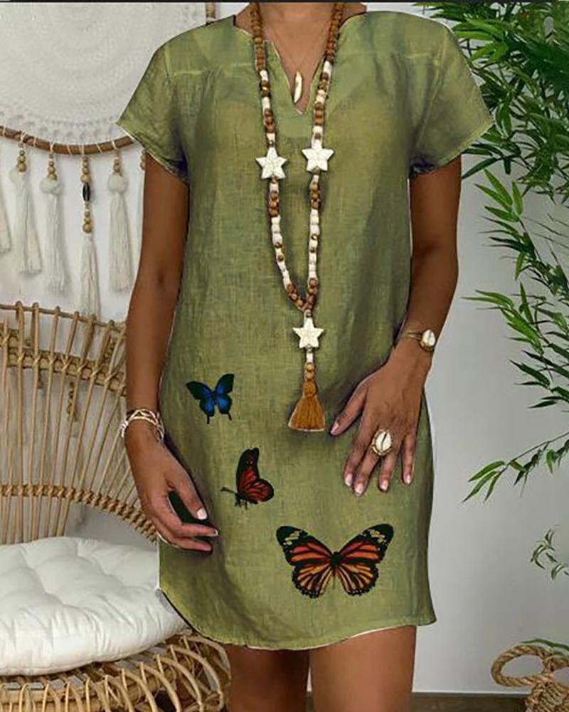 

Butterfly Print Short Sleeve Casual Dress, Green