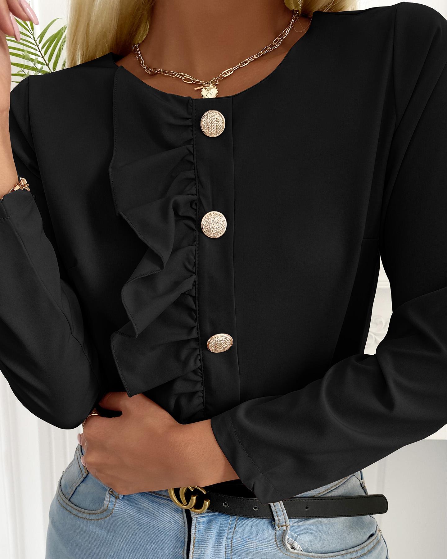 

Ruffles Button Front Long Sleeve Women Top, Black